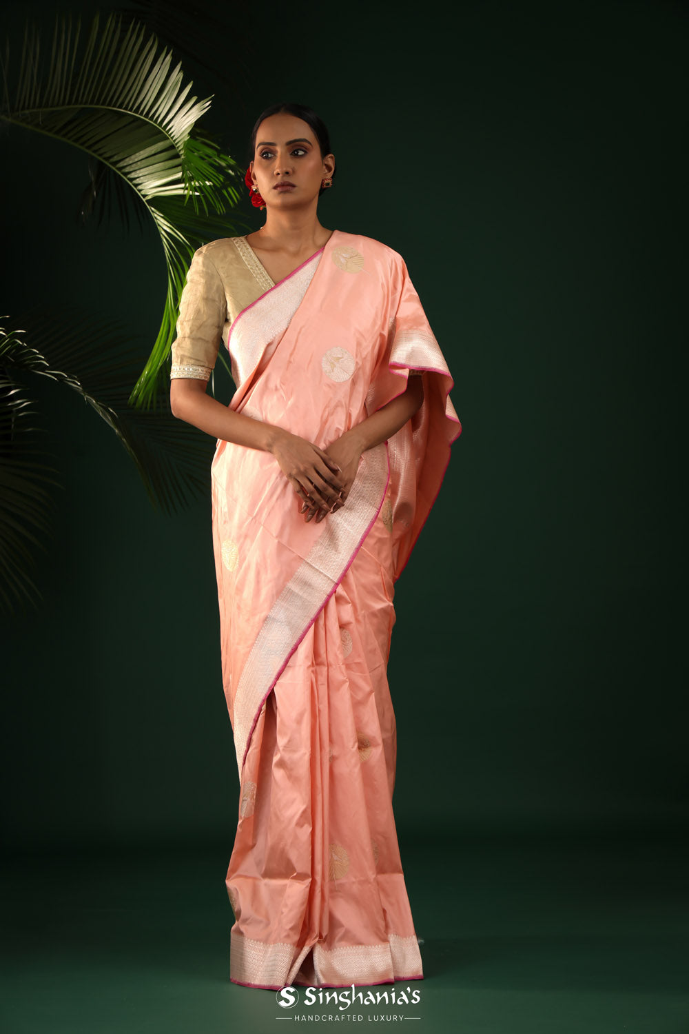 Spanish Pink Banarasi Silk Saree With Floral-Bird Buttas