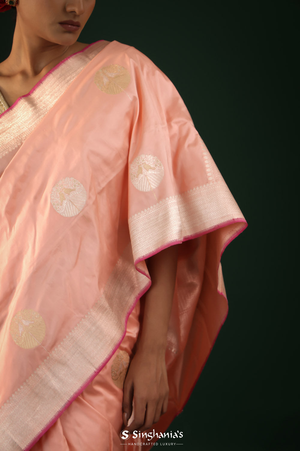 Spanish Pink Banarasi Silk Saree With Floral-Bird Buttas