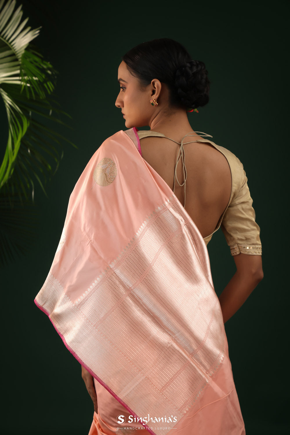 Spanish Pink Banarasi Silk Saree With Floral-Bird Buttas