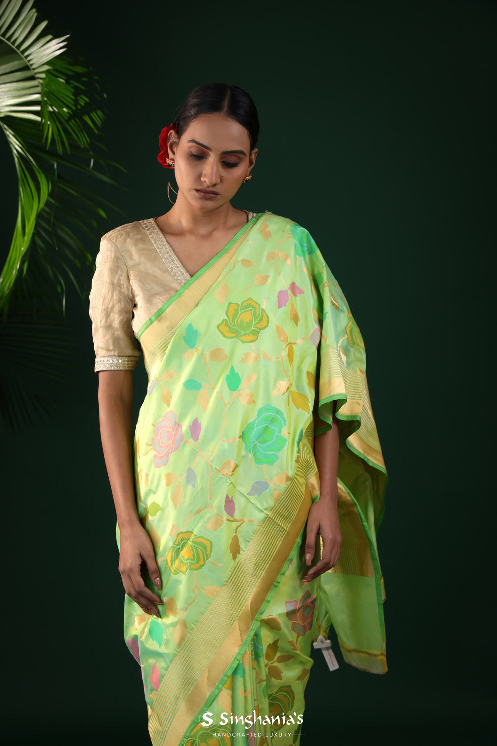 Lawn Green Banarasi Silk Saree With Dual-Tone Shine