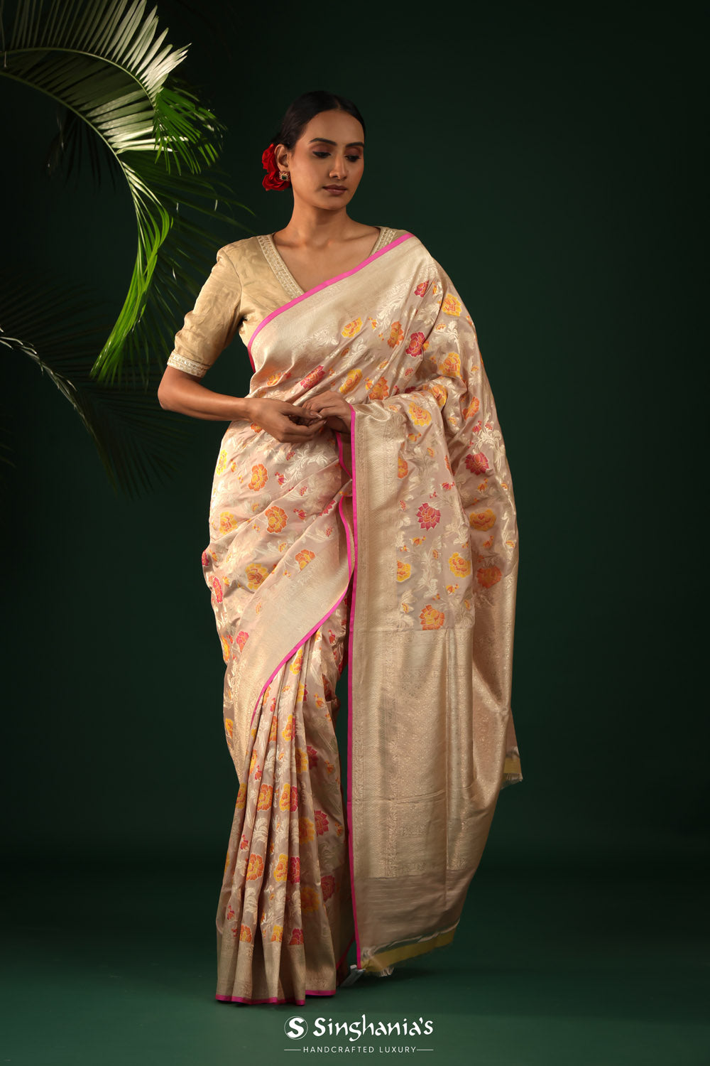 Dark Vanilla Banarasi Silk Saree With Floral Accents