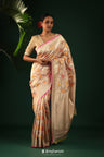 Dark Vanilla Banarasi Silk Saree With Floral Accents