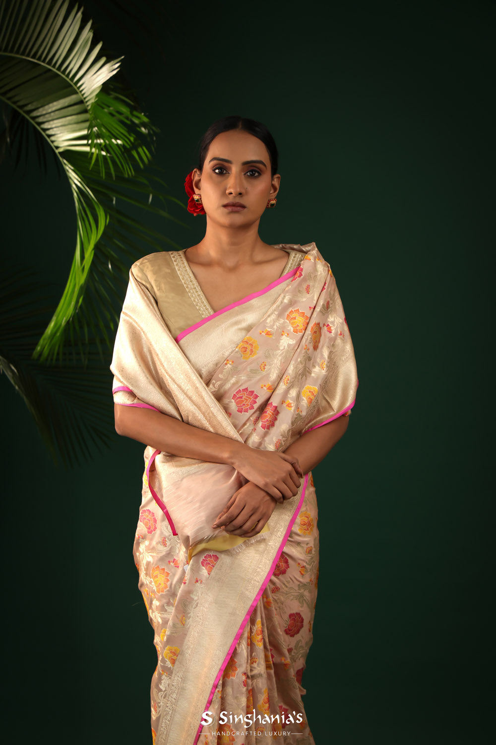 Dark Vanilla Banarasi Silk Saree With Floral Accents