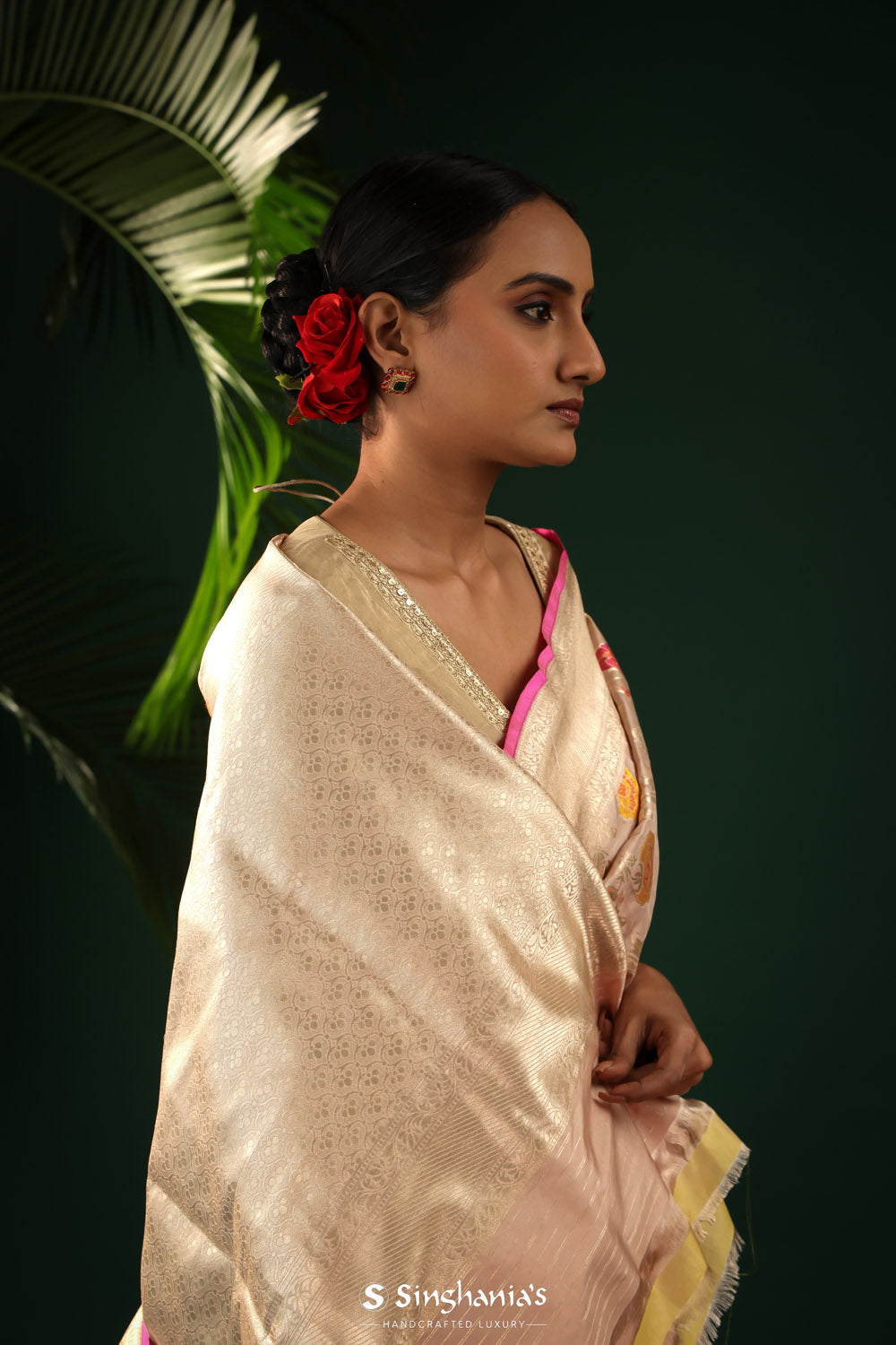 Dark Vanilla Banarasi Silk Saree With Floral Accents