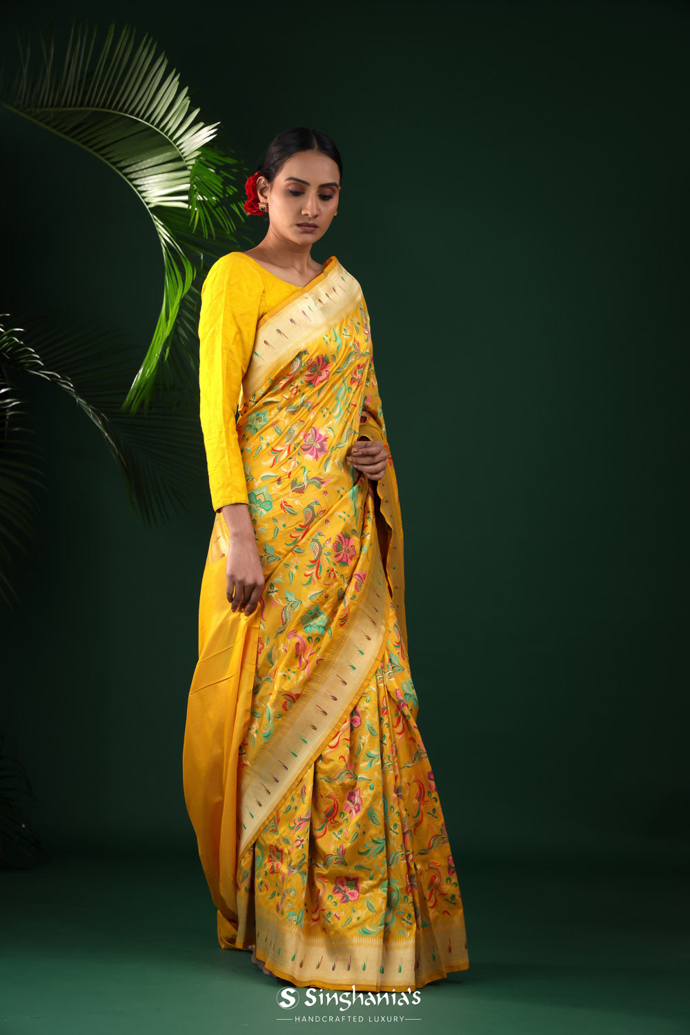 Mustard Yellow Banarasi Silk Saree With Peacock Design