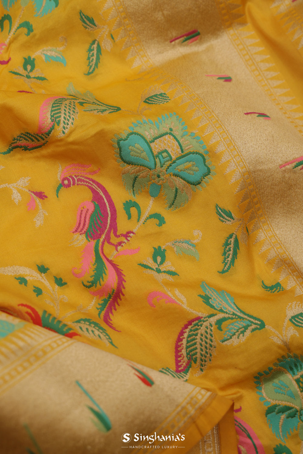 Mustard Yellow Banarasi Silk Saree With Peacock Design