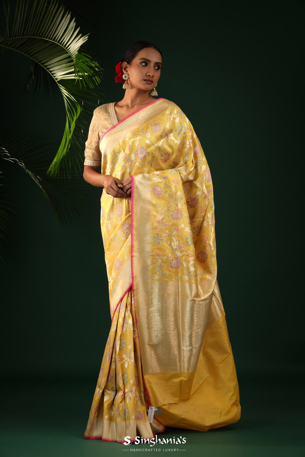 Macaron Yellow Banarasi Silk Saree With Bird Motifs