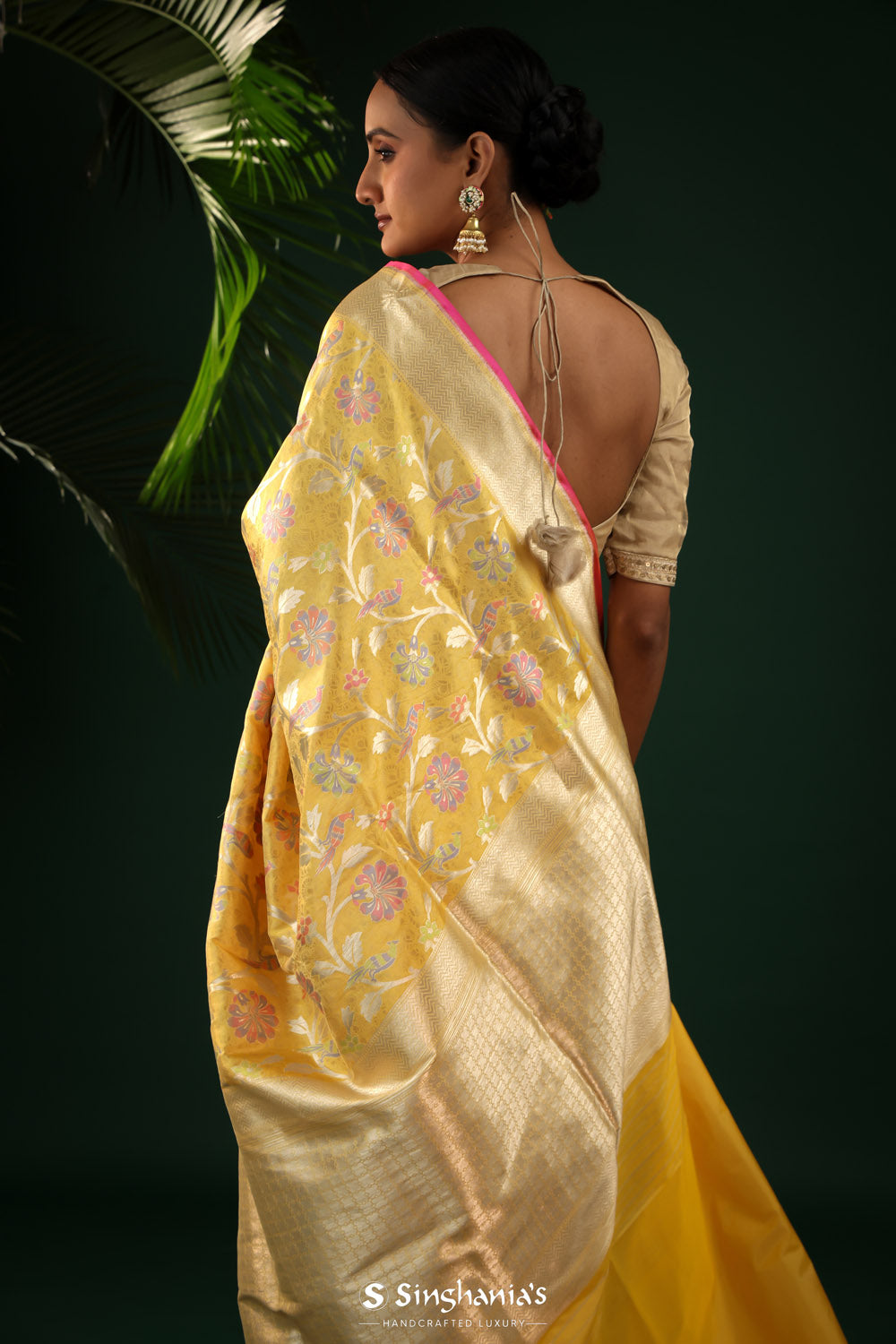 Macaron Yellow Banarasi Silk Saree With Bird Motifs