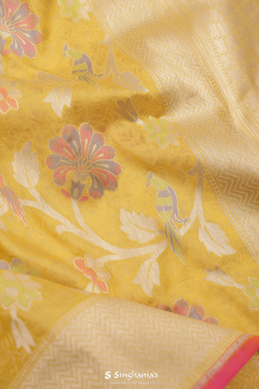 Macaron Yellow Banarasi Silk Saree With Bird Motifs