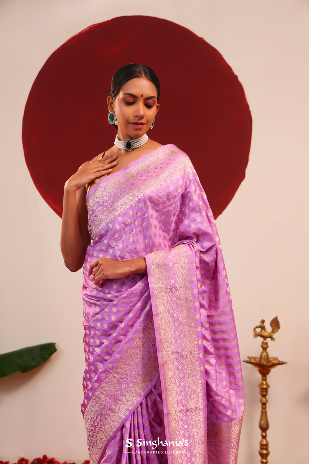 French Mauve Banarasi Silk Saree With Foral Butti