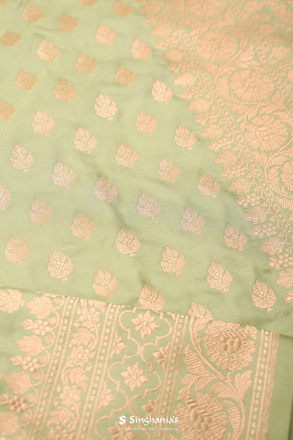 Tea Green Banarasi Silk Saree With Floral Butti