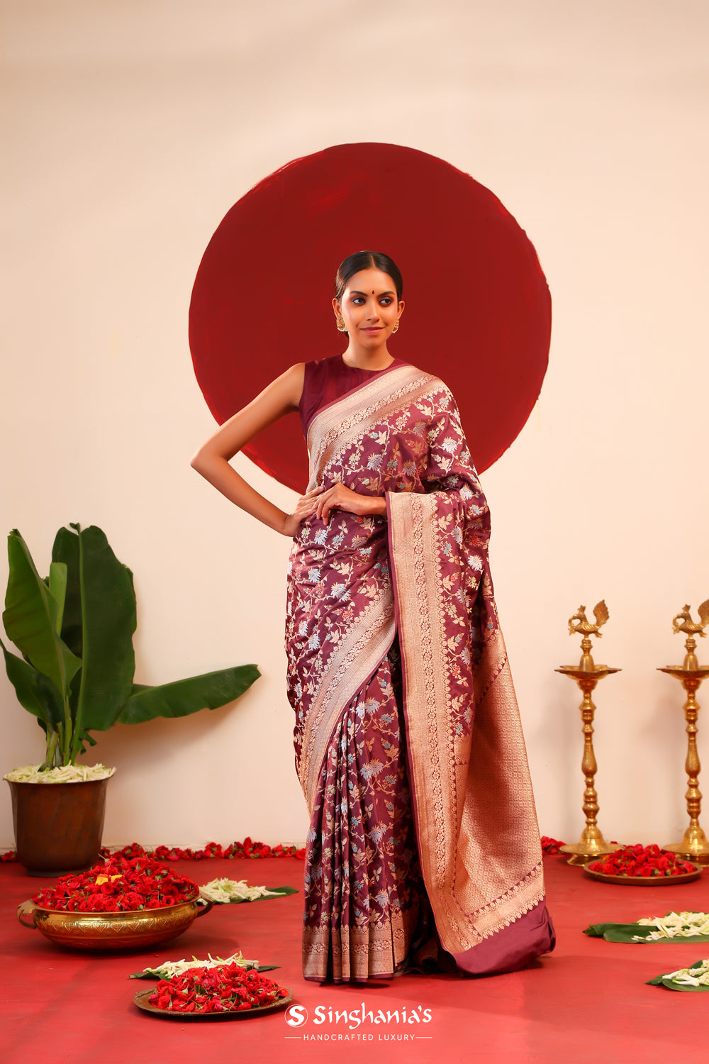 Autumn Purple Banarasi Silk Saree With Meenakari Floral