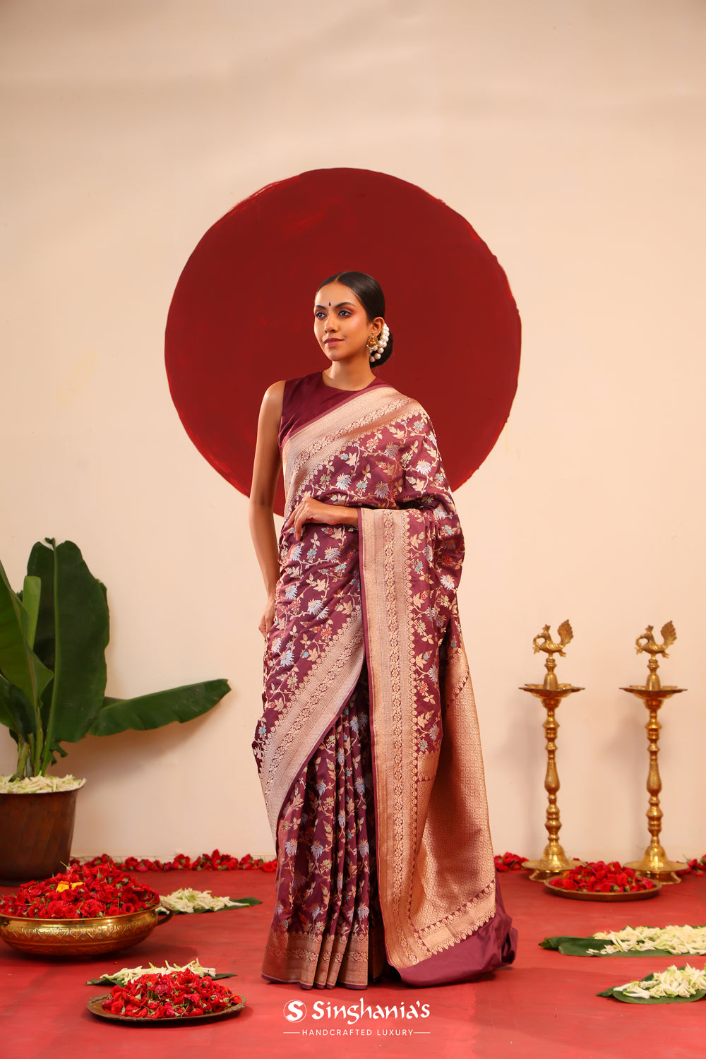 Autumn Purple Banarasi Silk Saree With Meenakari Floral