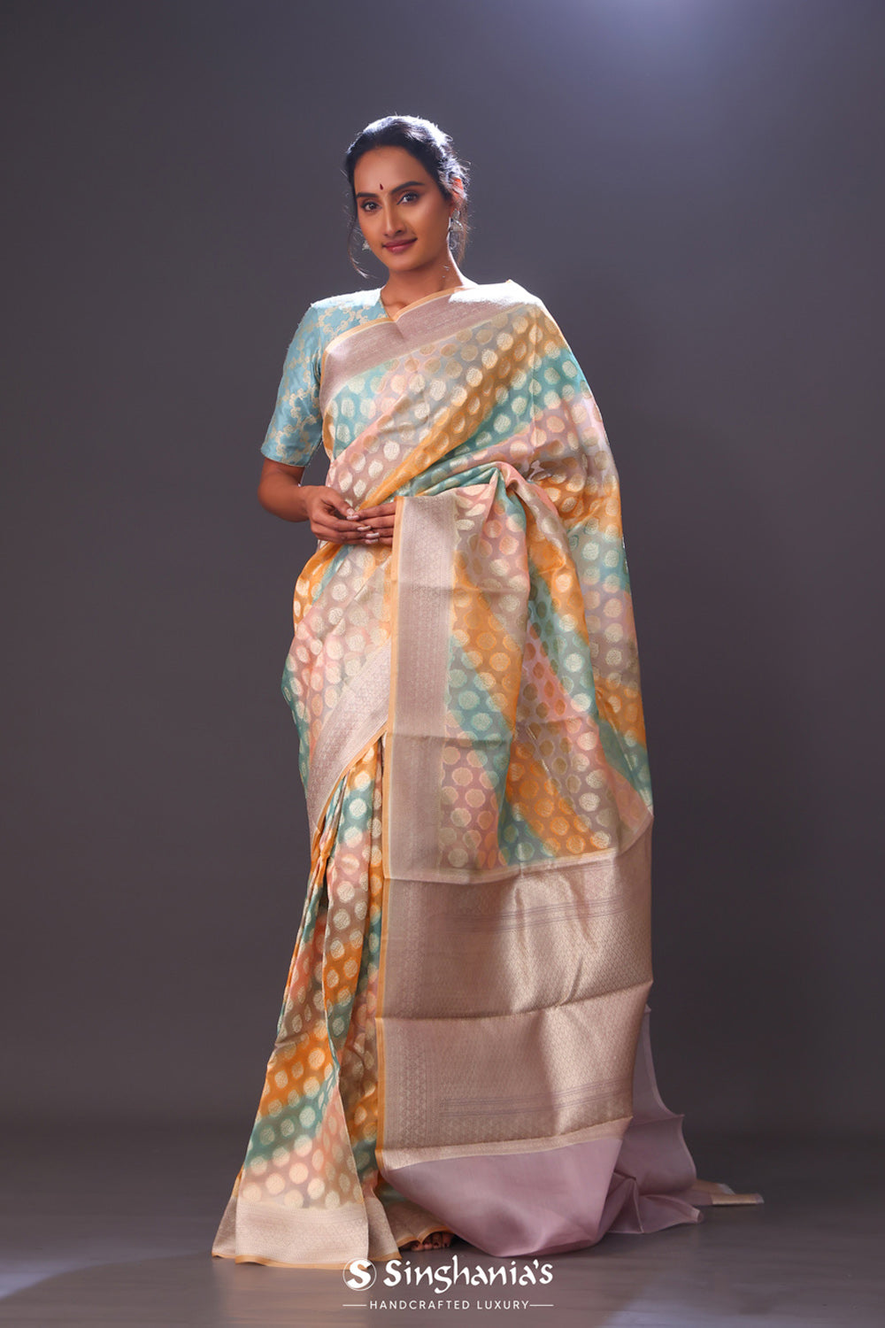 Peach Multicolour Floral Butta Organza Banarasi Saree