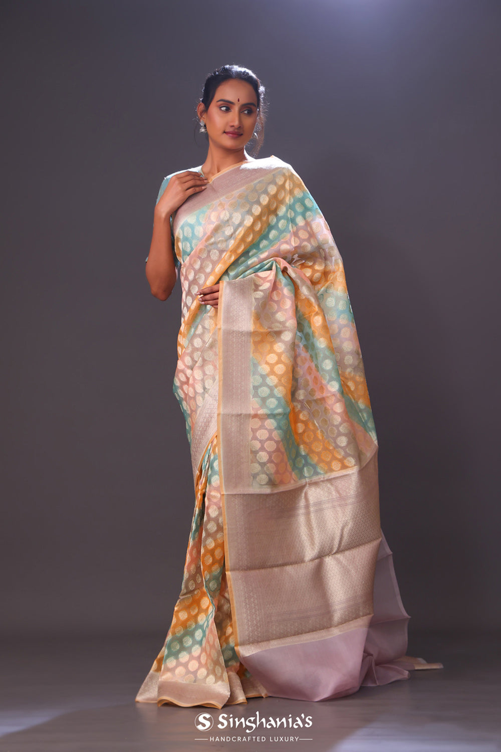 Peach Multicolour Floral Butta Organza Banarasi Saree