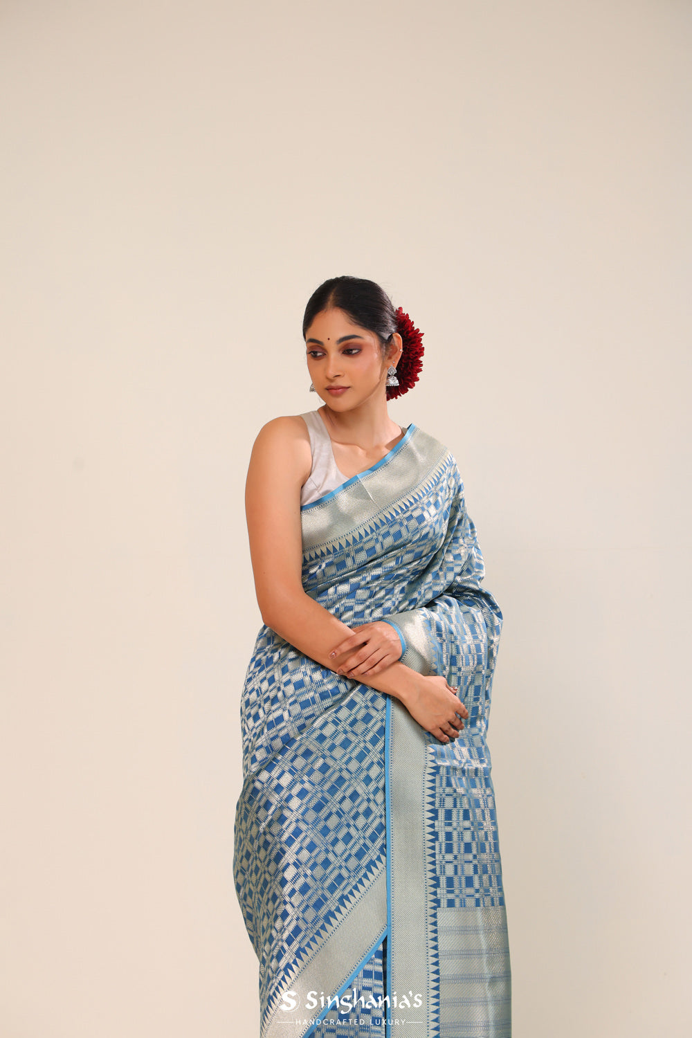 Spanish Blue Chiniya Banarasi Silk Saree