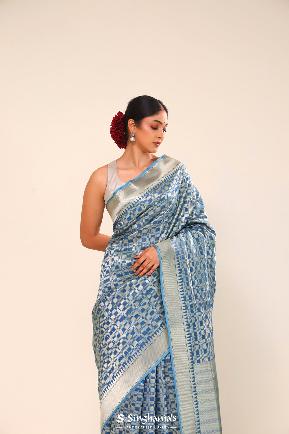 Spanish Blue Chiniya Banarasi Silk Saree