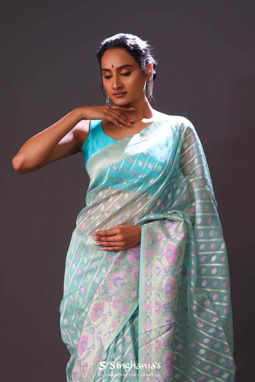 Seafoam Green Organza Jamdani Banarasi Saree