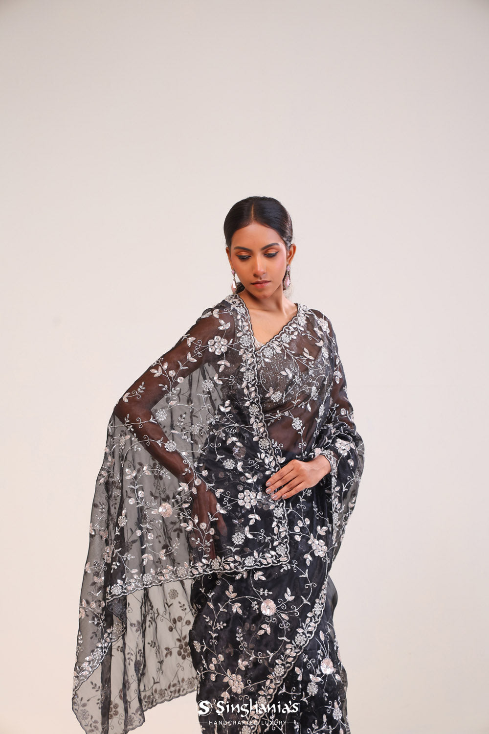 Retro Black Organza Handcrafted Saree