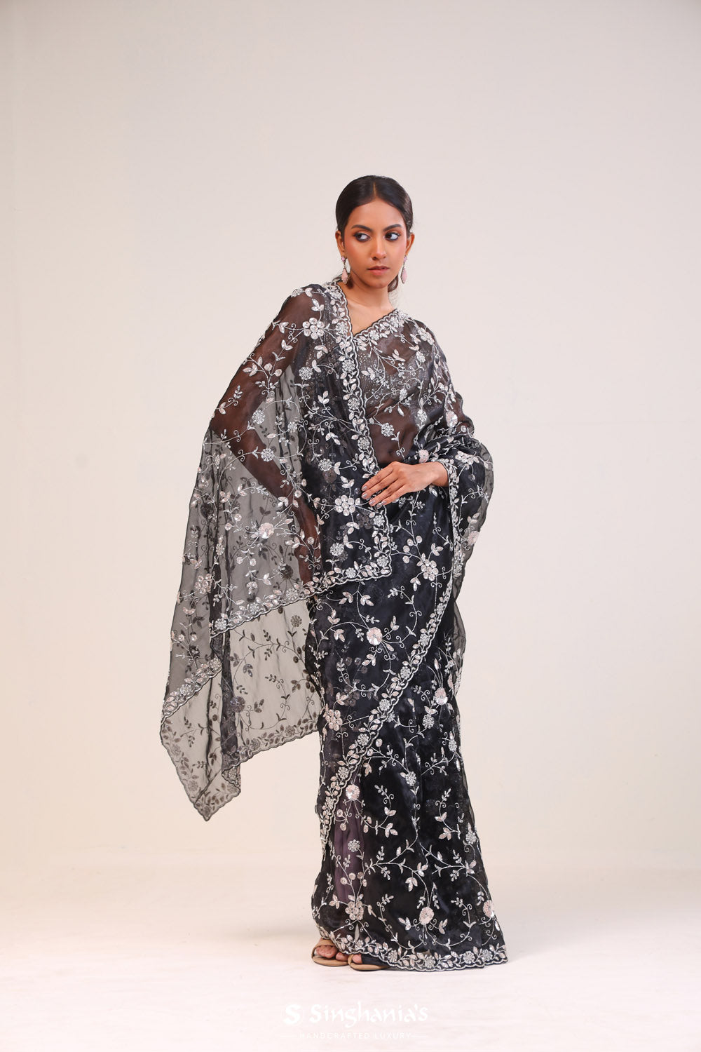 Retro Black Organza Handcrafted Saree