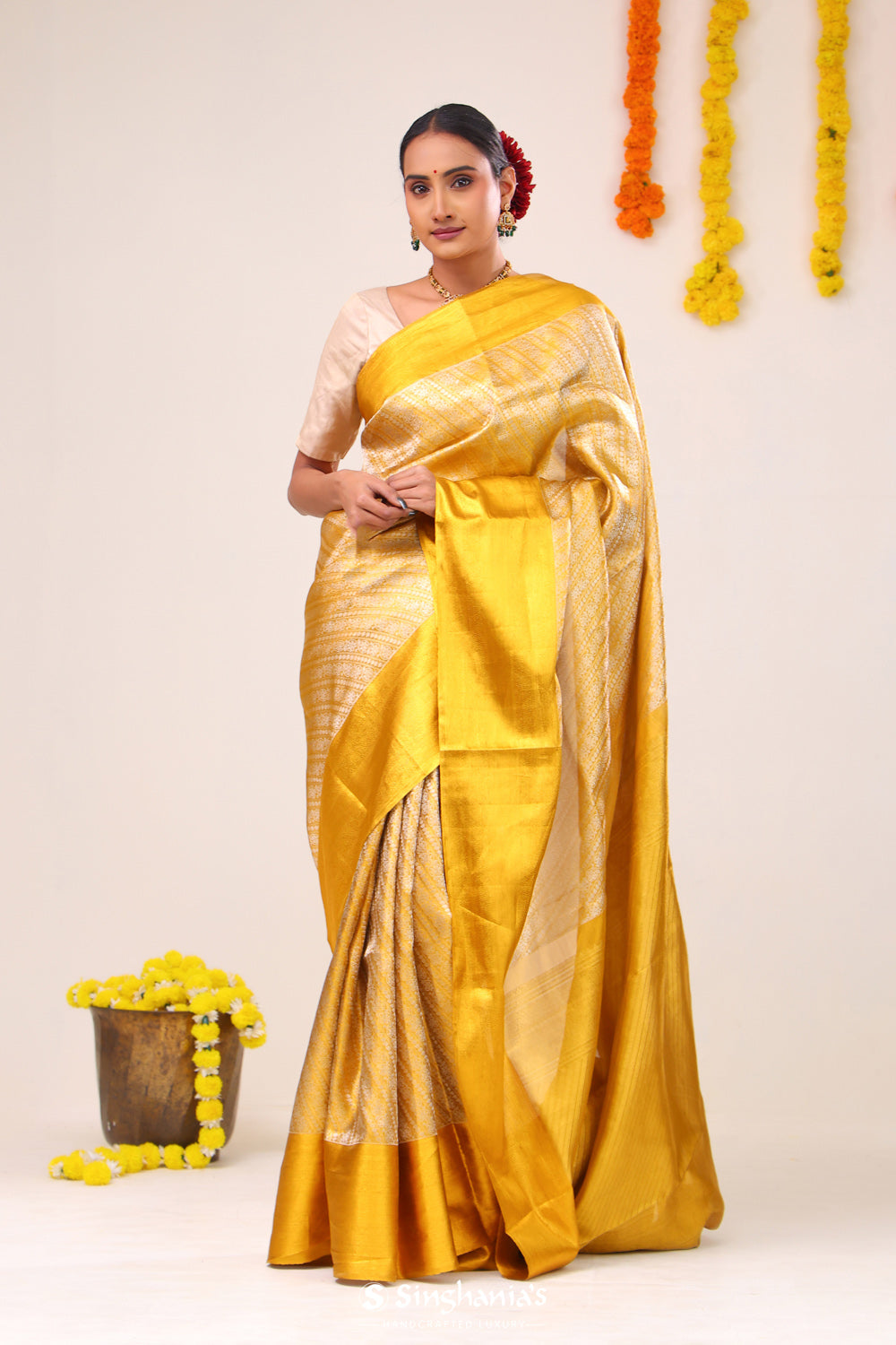 Bright Gold Striped Kanjivaram Silk Saree