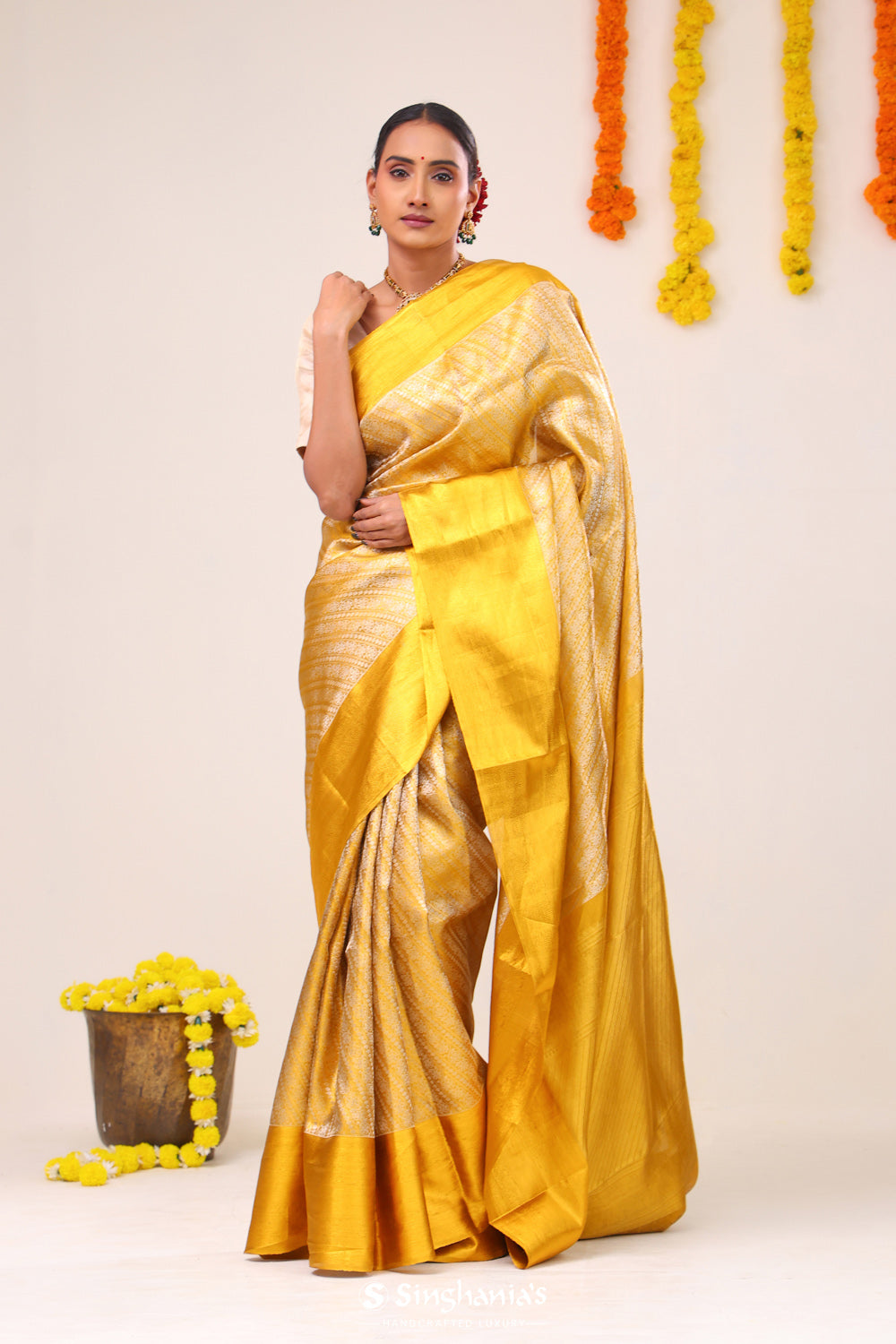 Bright Gold Striped Kanjivaram Silk Saree