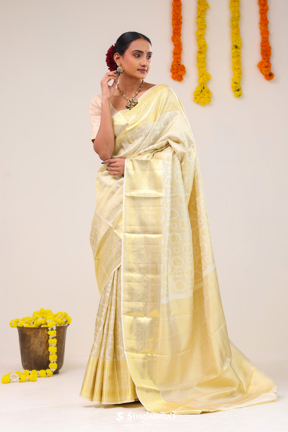 Ivory White Heritage Kanjivaram Silk Saree