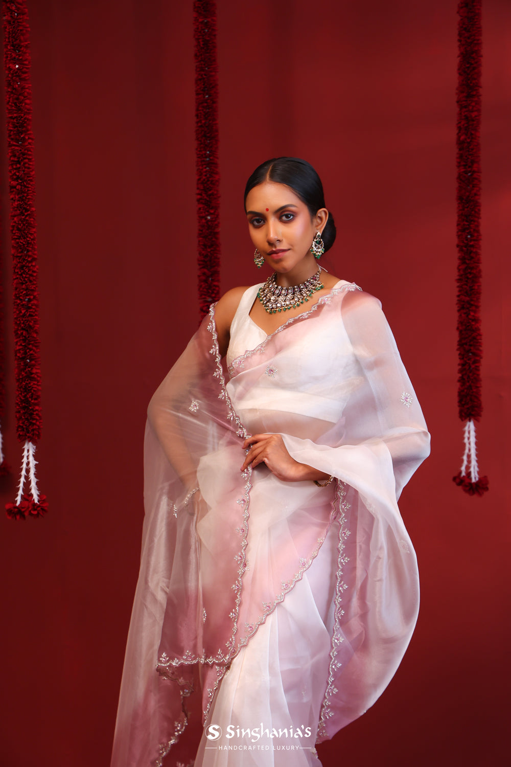 Pastel Purple-White Handcrafted Organza Saree