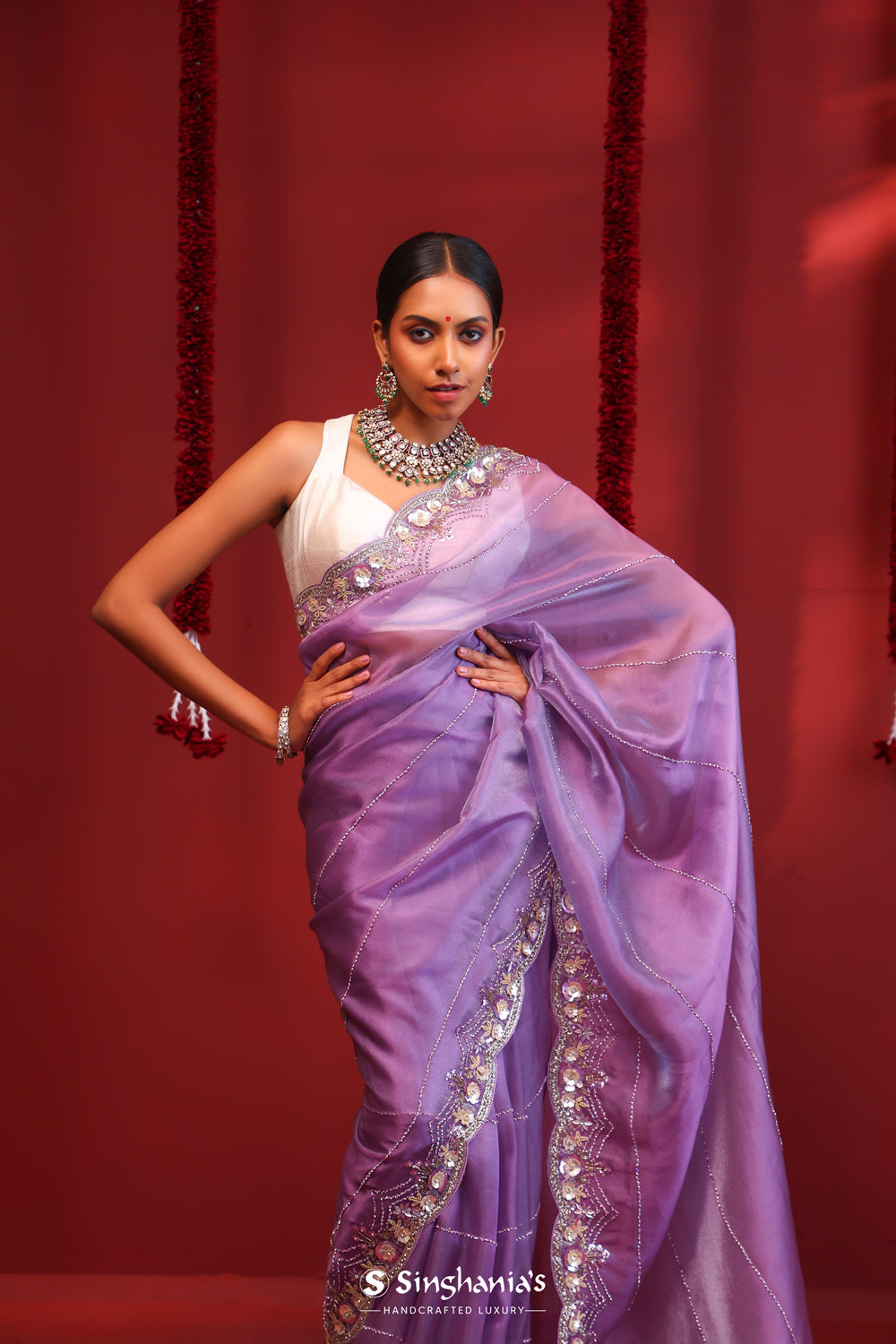 Fuchsia Blue Handcrafted Organza Saree