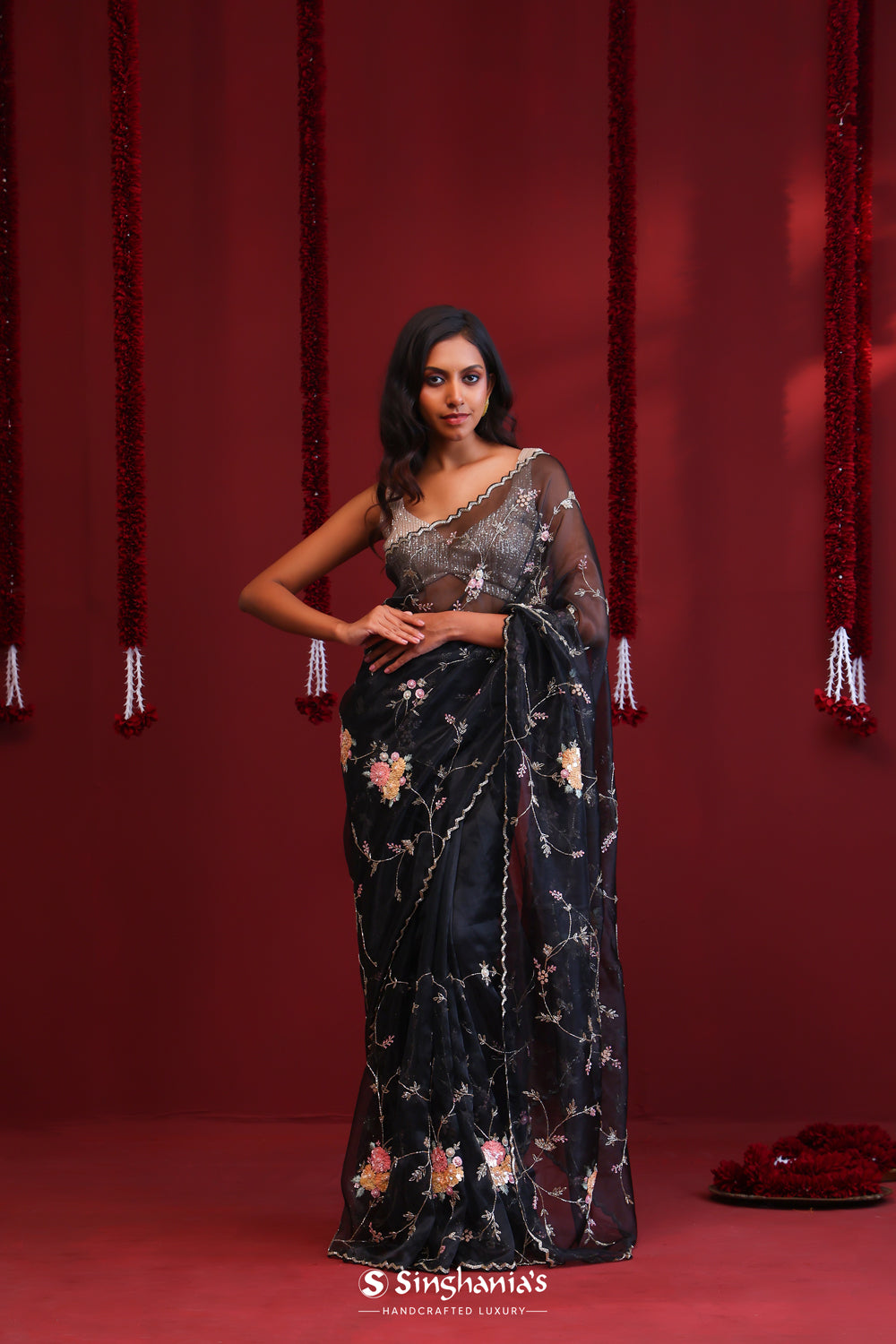 Dark Black Handcrafted Organza Saree