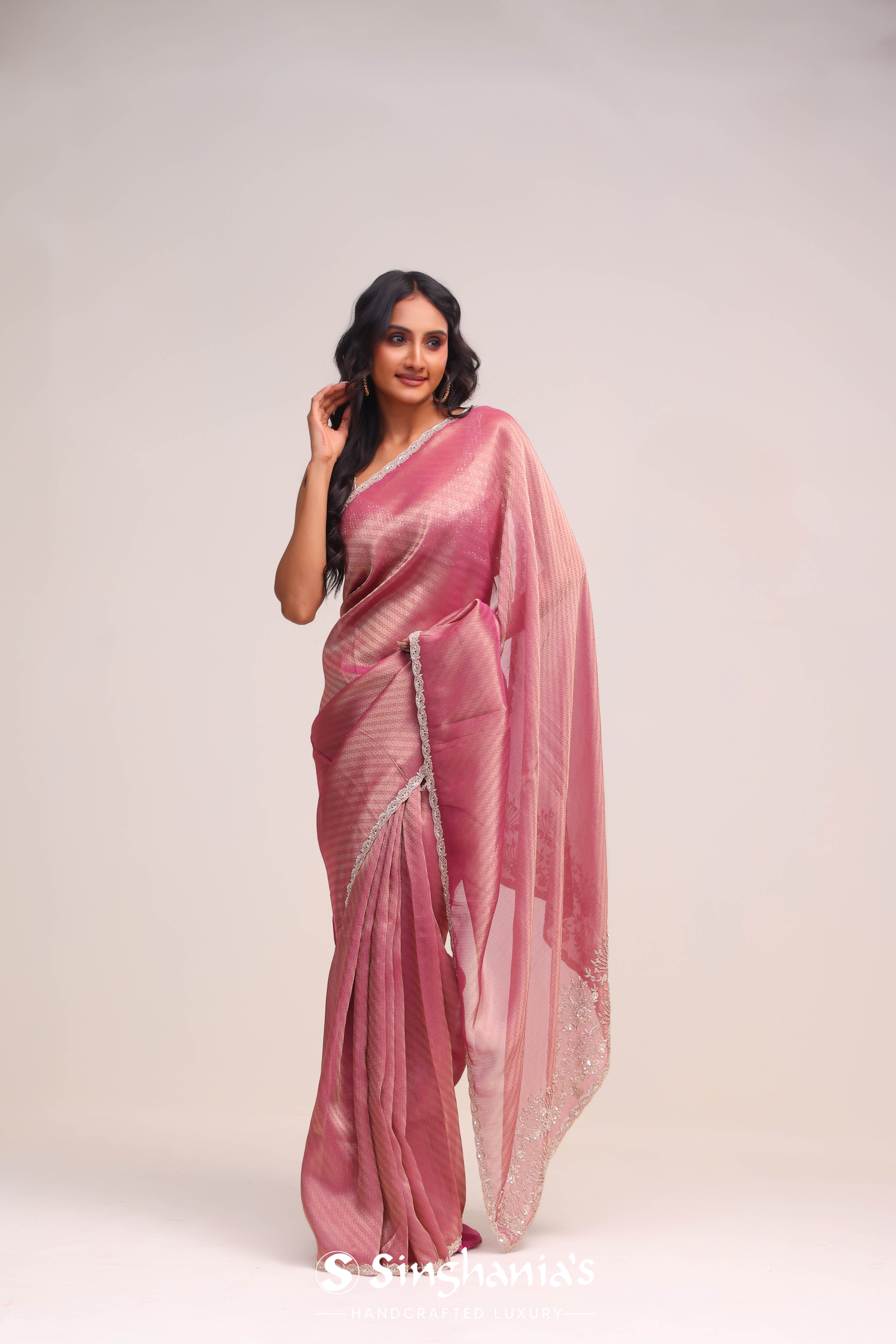 Onion Pink Tissue Handcrafted Saree