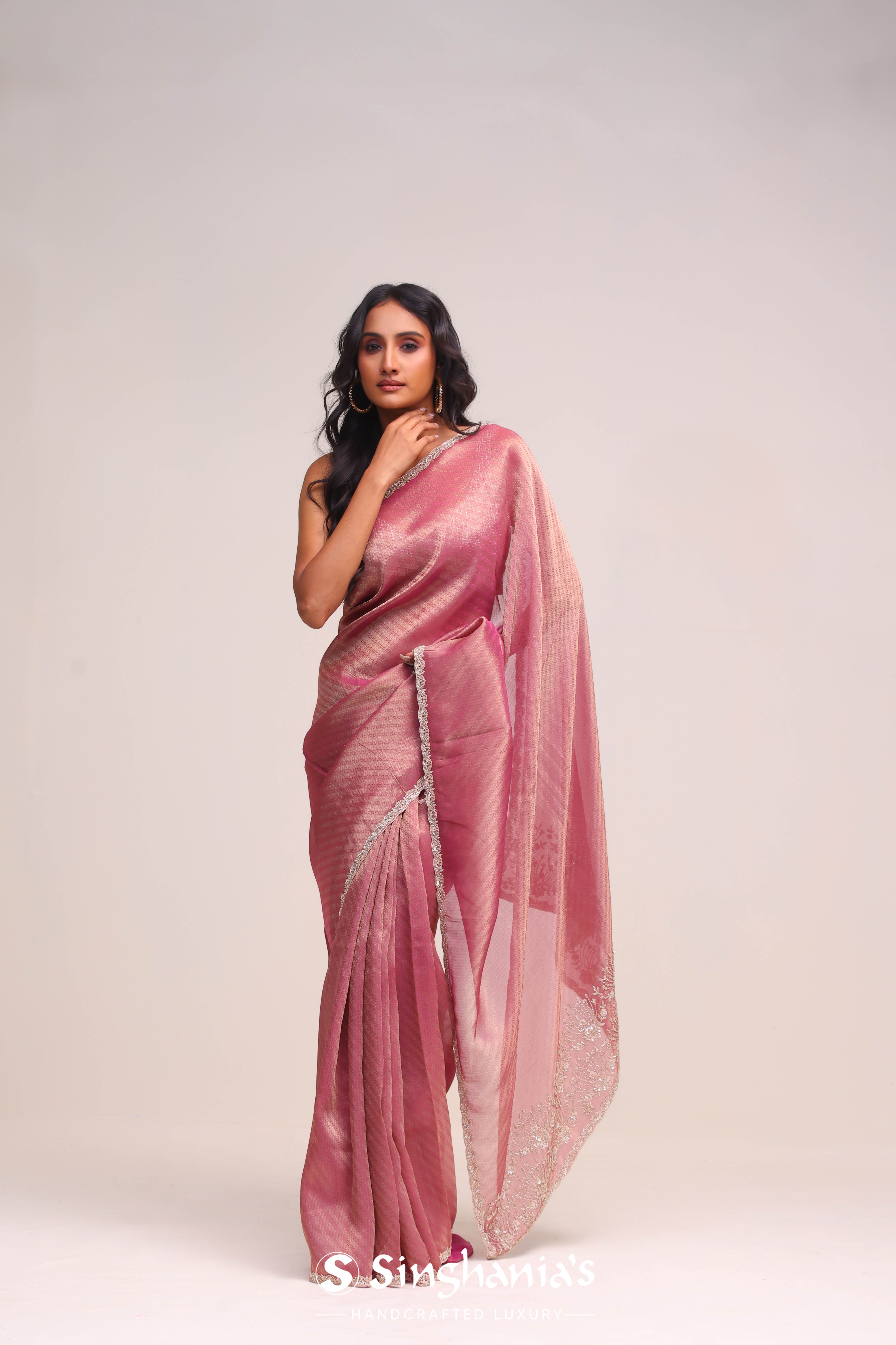 Onion Pink Tissue Handcrafted Saree