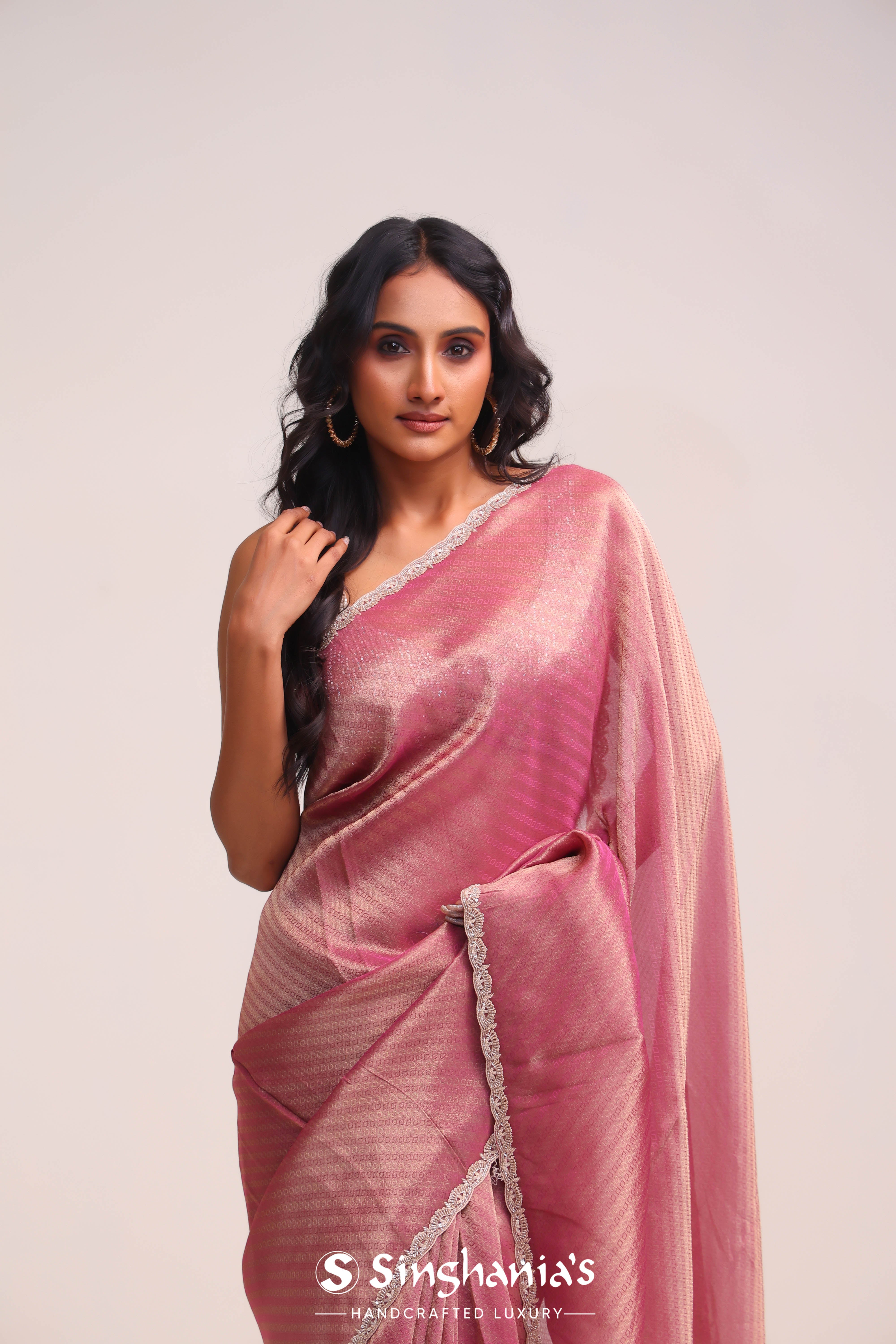 Onion Pink Tissue Handcrafted Saree