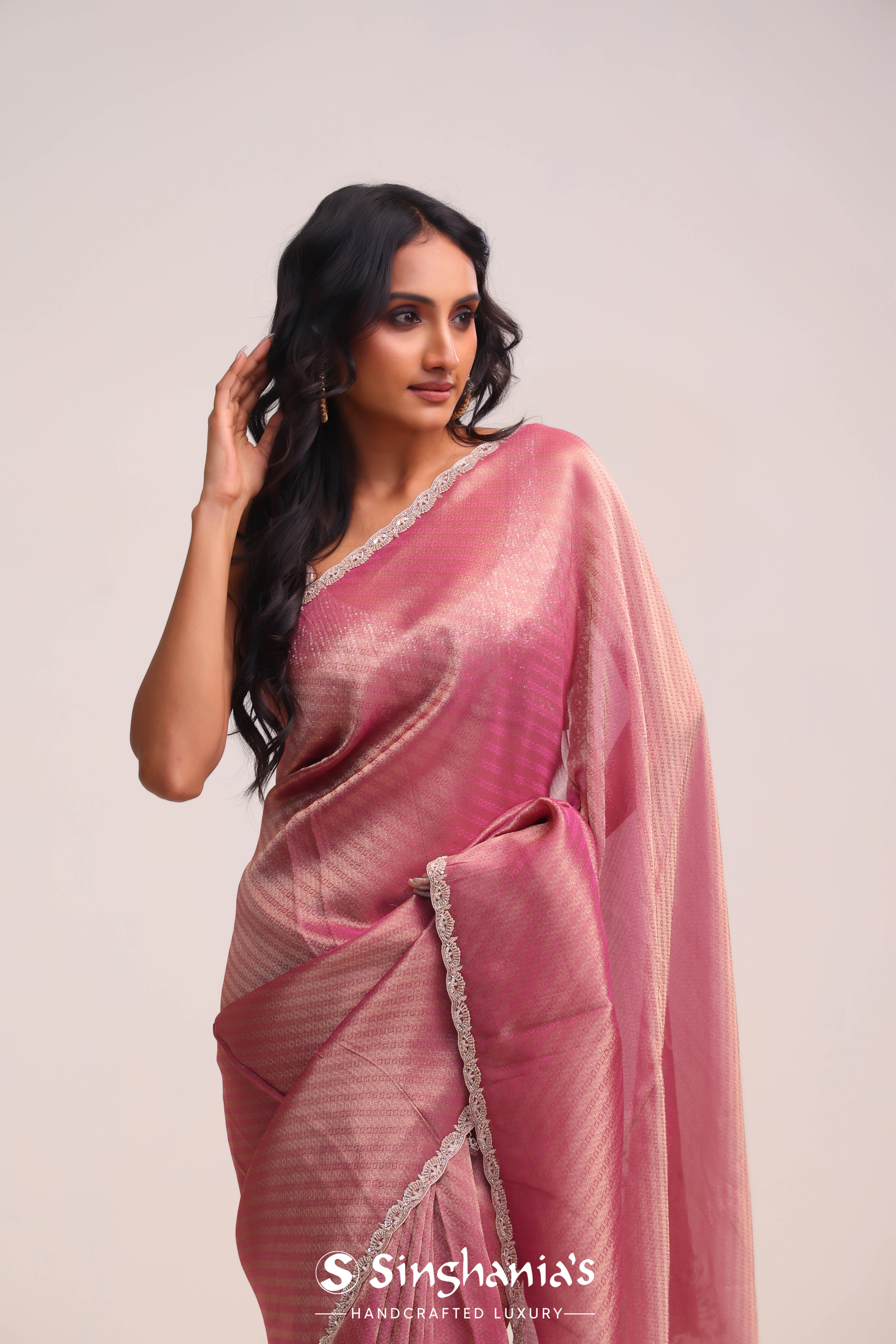 Onion Pink Tissue Handcrafted Saree