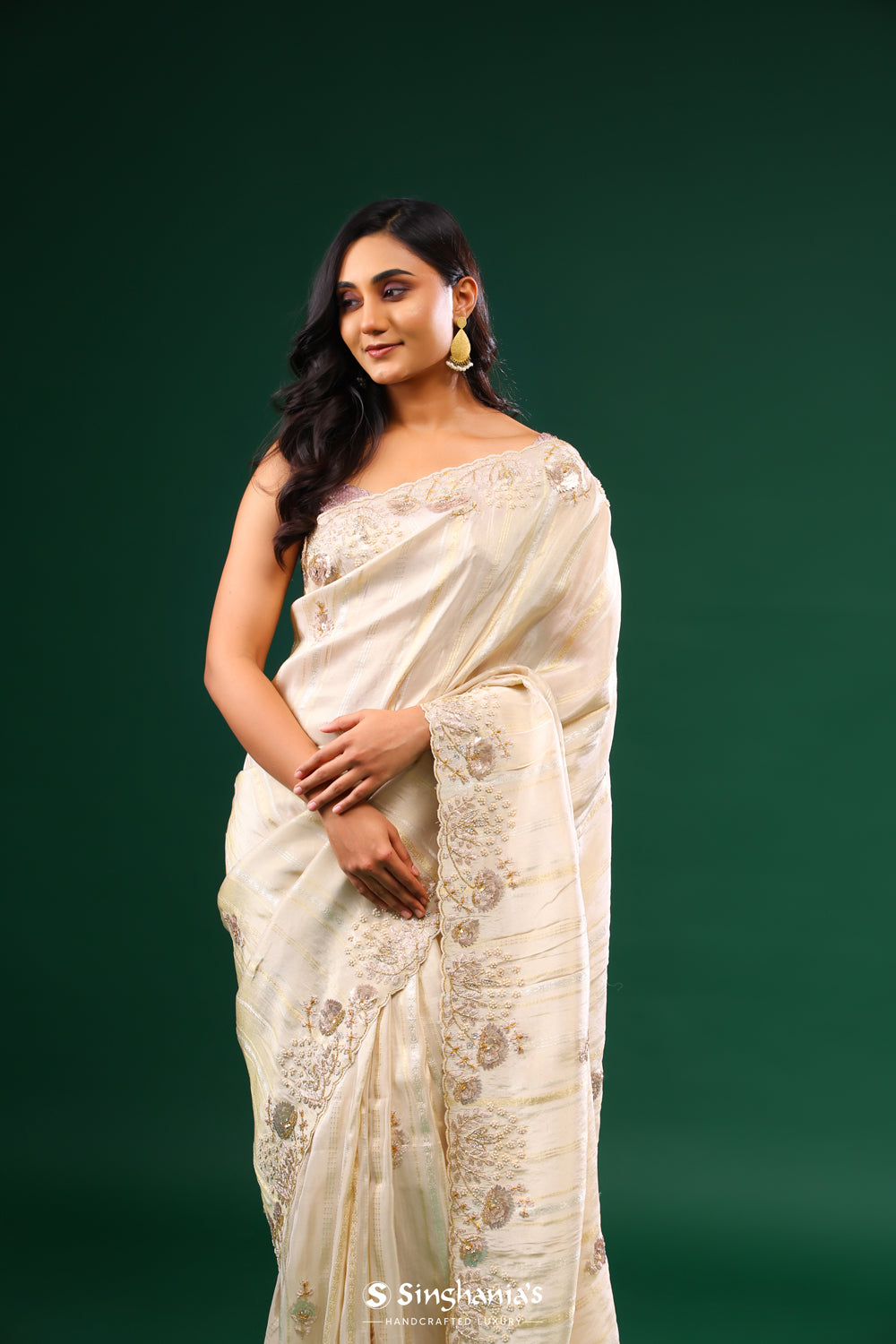 Kasugai Peach Tissue Saree With Zari Weave & Embroidery