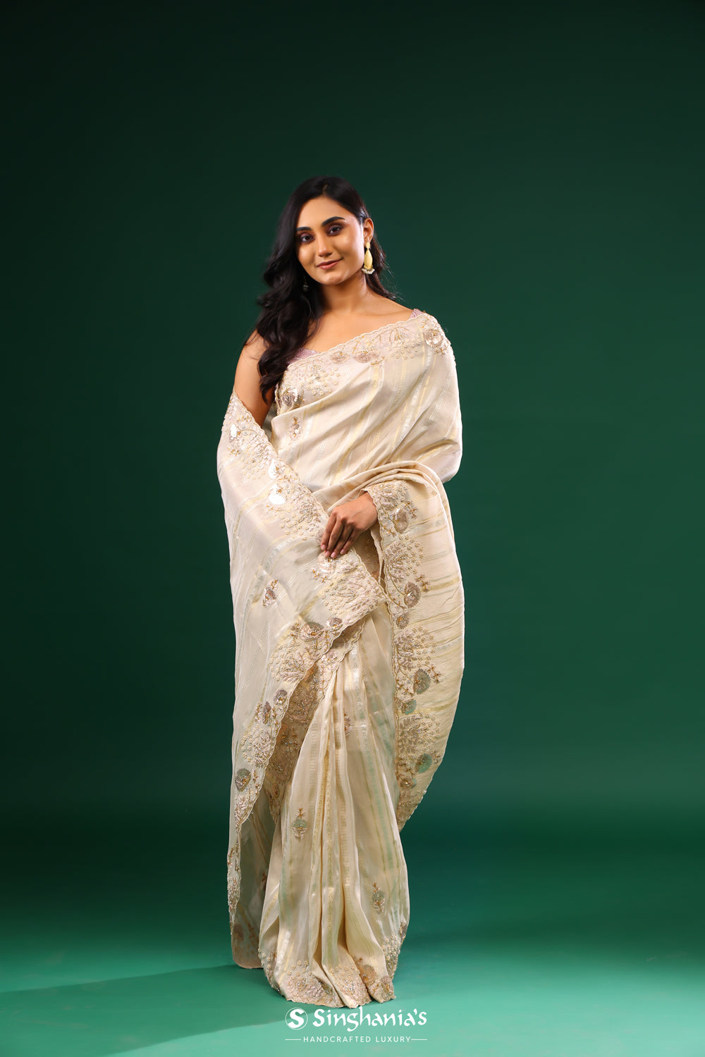 Kasugai Peach Tissue Saree With Zari Weave & Embroidery