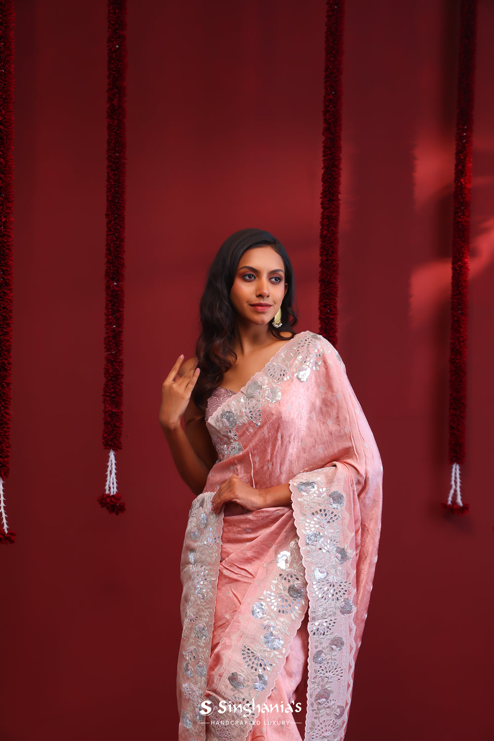 Pastel Pink Silk Designer Saree With Floral Embroidery