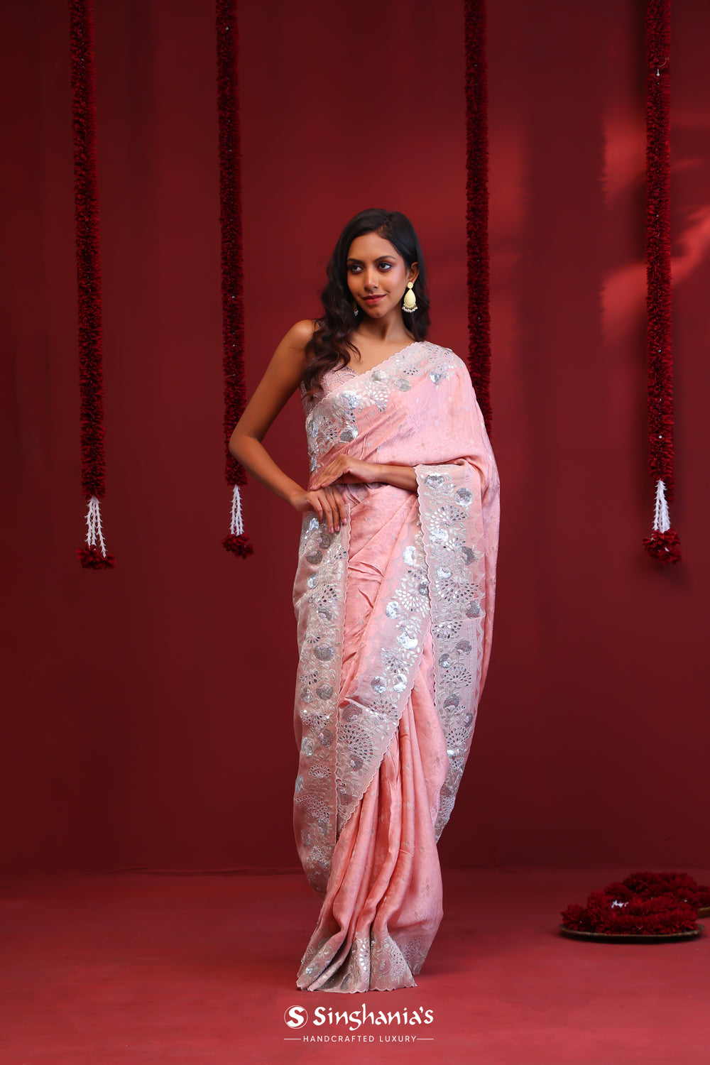 Pastel Pink Silk Designer Saree With Floral Embroidery