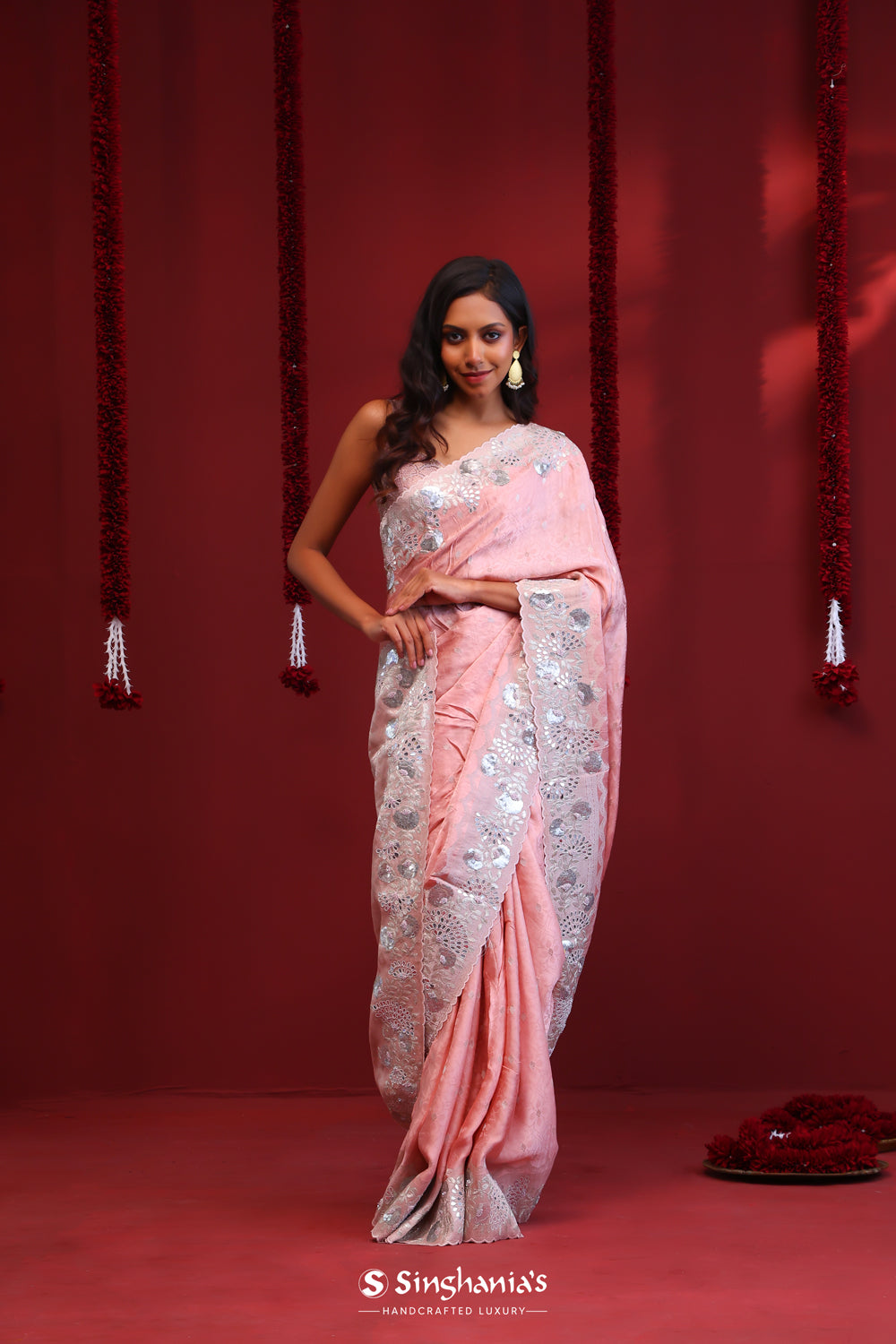 Pastel Pink Silk Designer Saree With Floral Embroidery