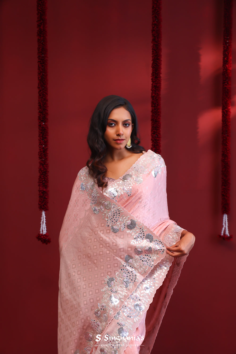 Pastel Pink Silk Designer Saree With Floral Embroidery