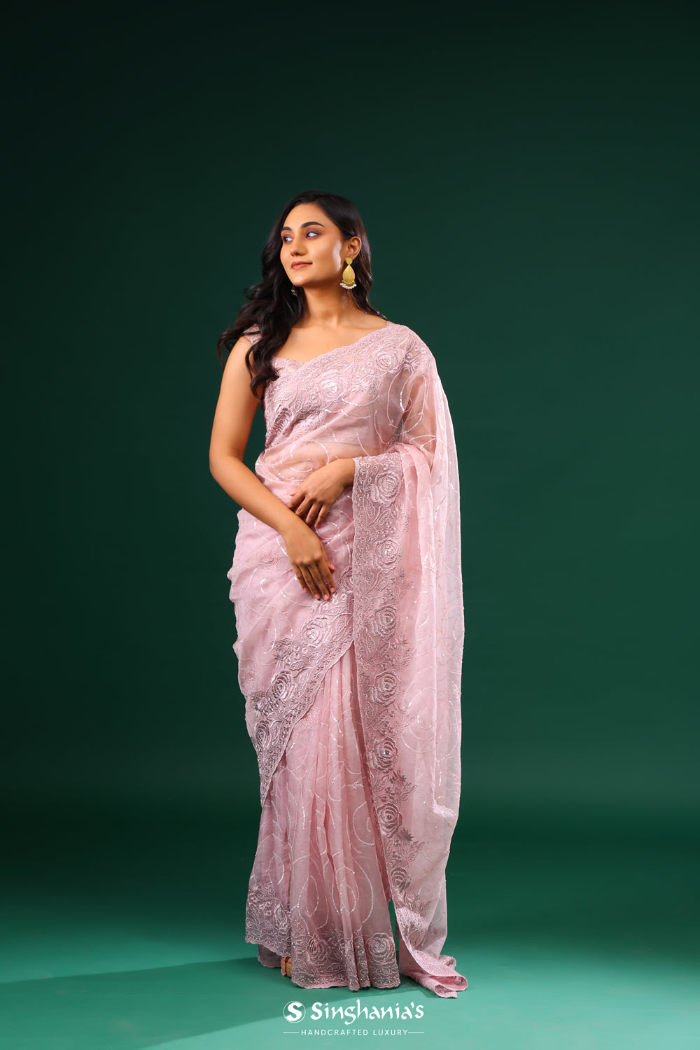 Pale Pink Organza Saree With Floral Embroidery