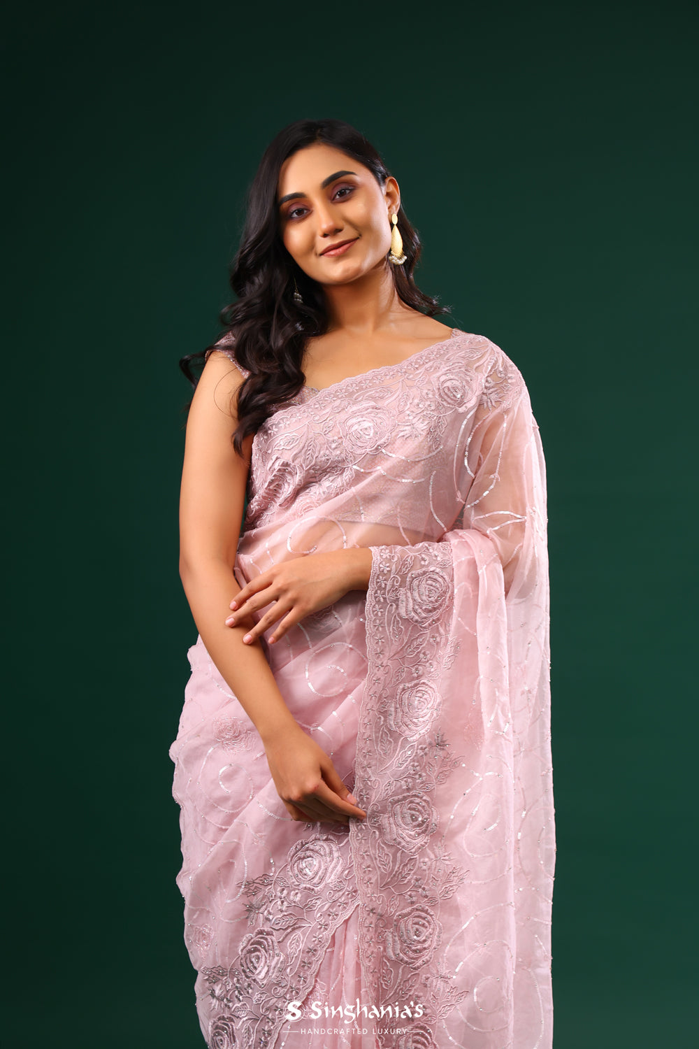 Pale Pink Organza Saree With Floral Embroidery