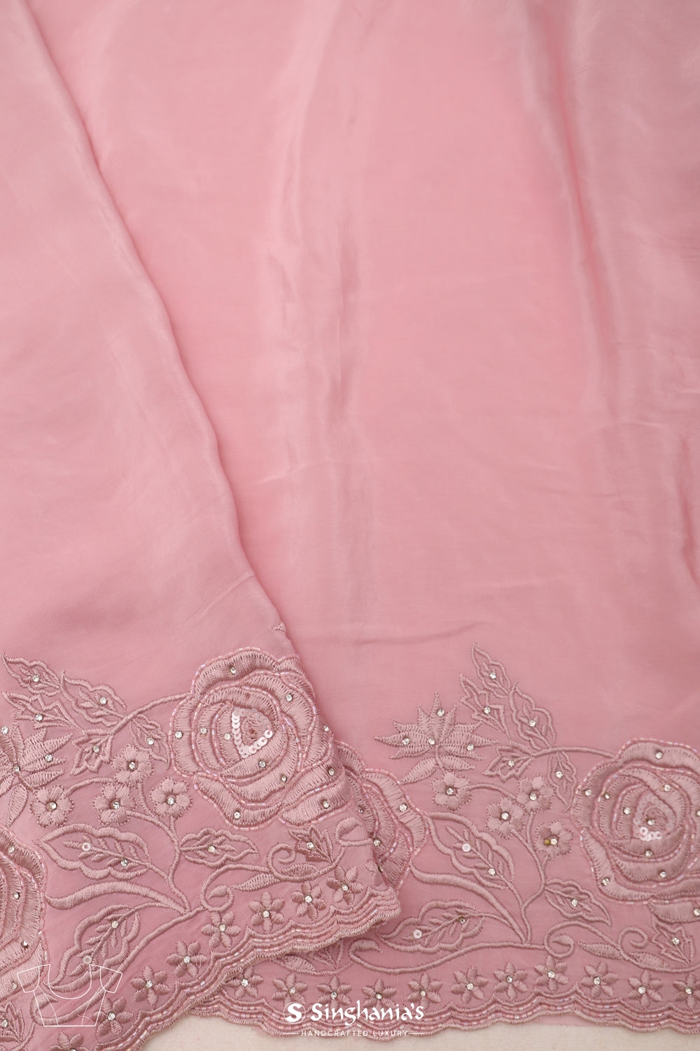 Pale Pink Organza Saree With Floral Embroidery