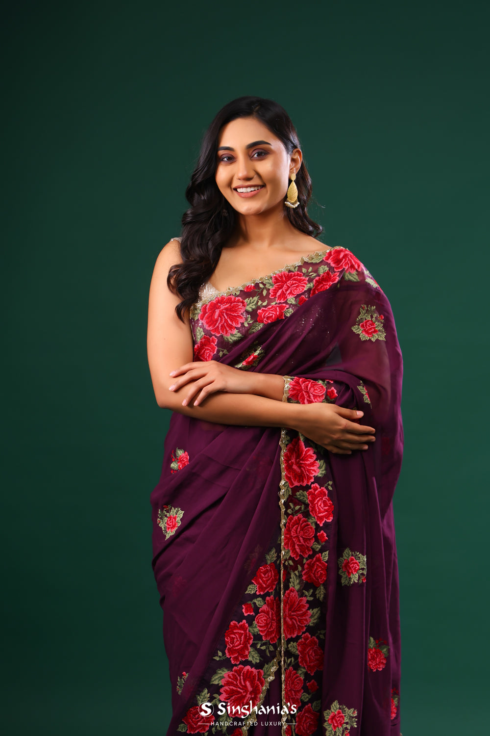 Byzantium Purple Georgette Saree With Floral Embroidery