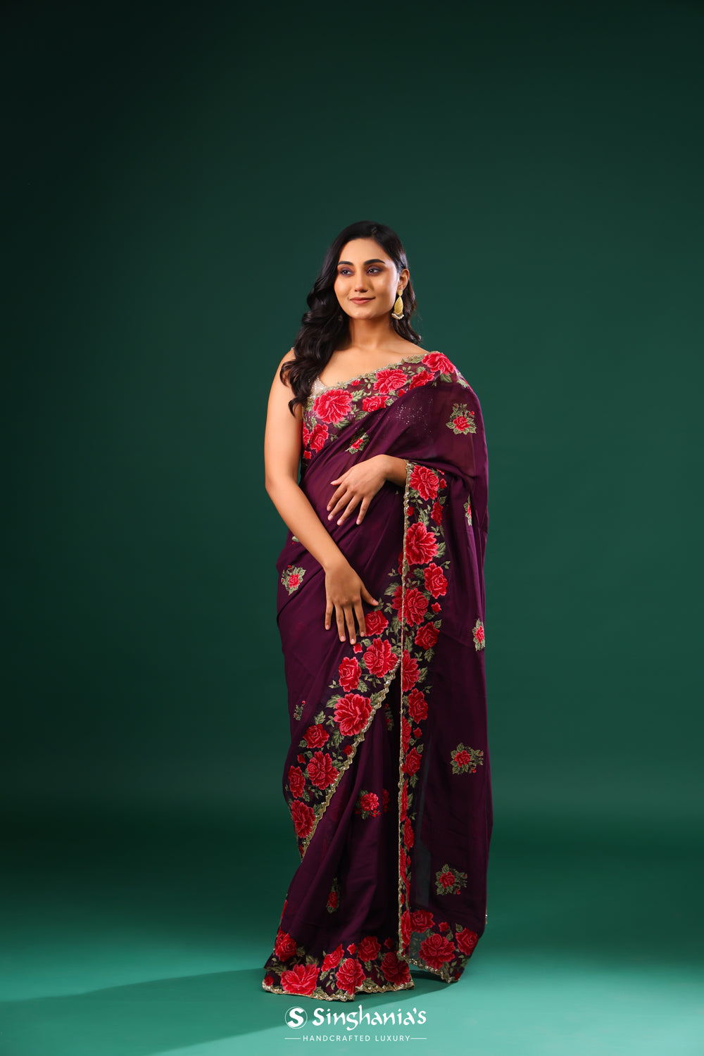 Byzantium Purple Georgette Saree With Floral Embroidery