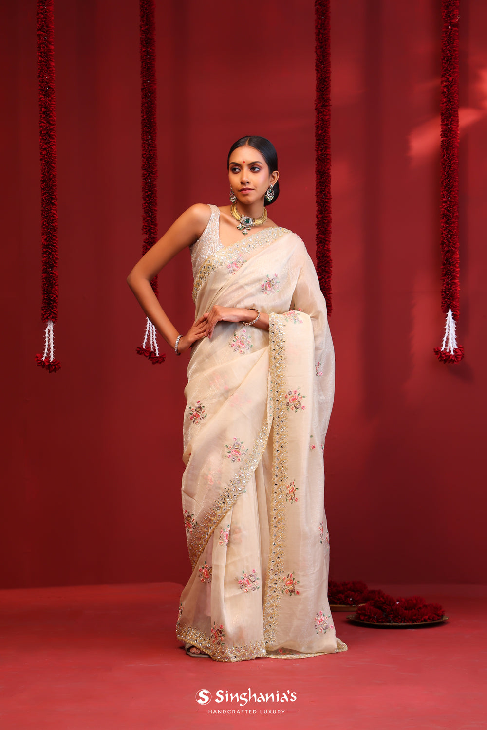 Almond Brown Organza Handcrafted Saree