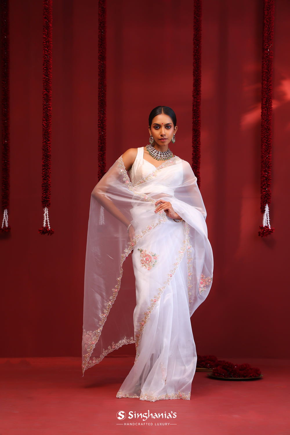 Bright White Handcrafted Organza Saree