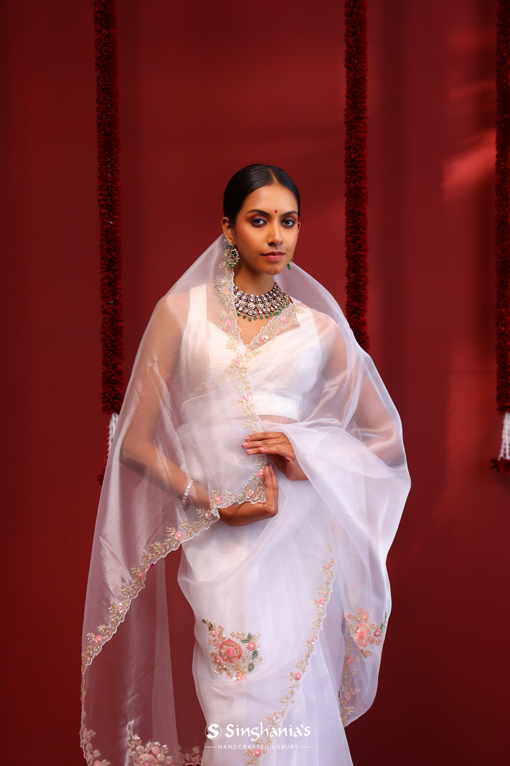 Bright White Handcrafted Organza Saree