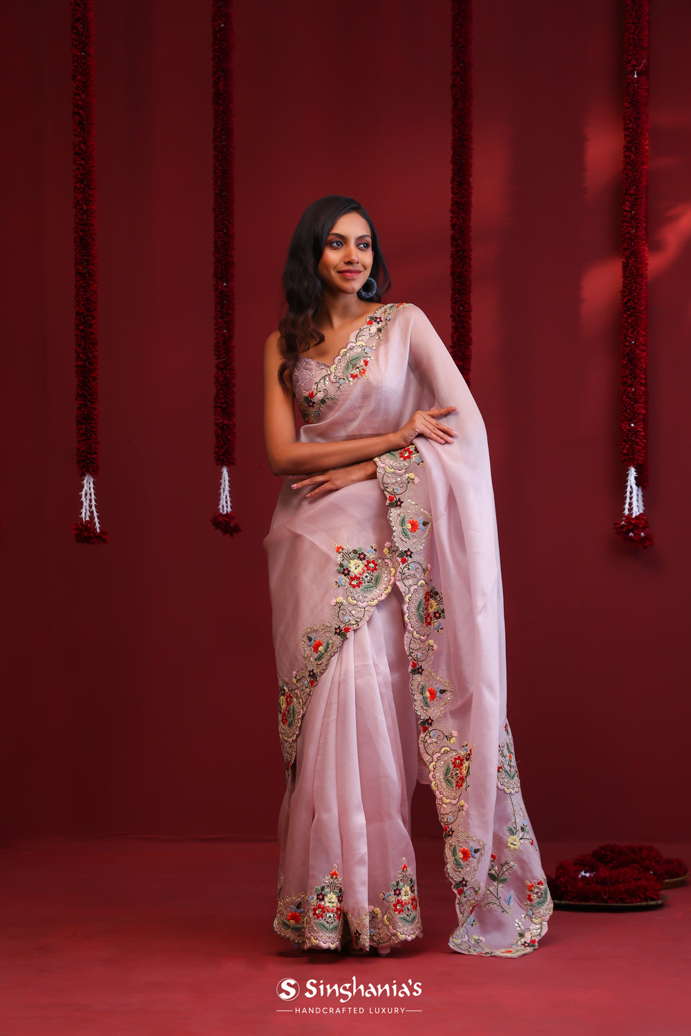 Silvery Pink Organza Saree With Floral Embroidery