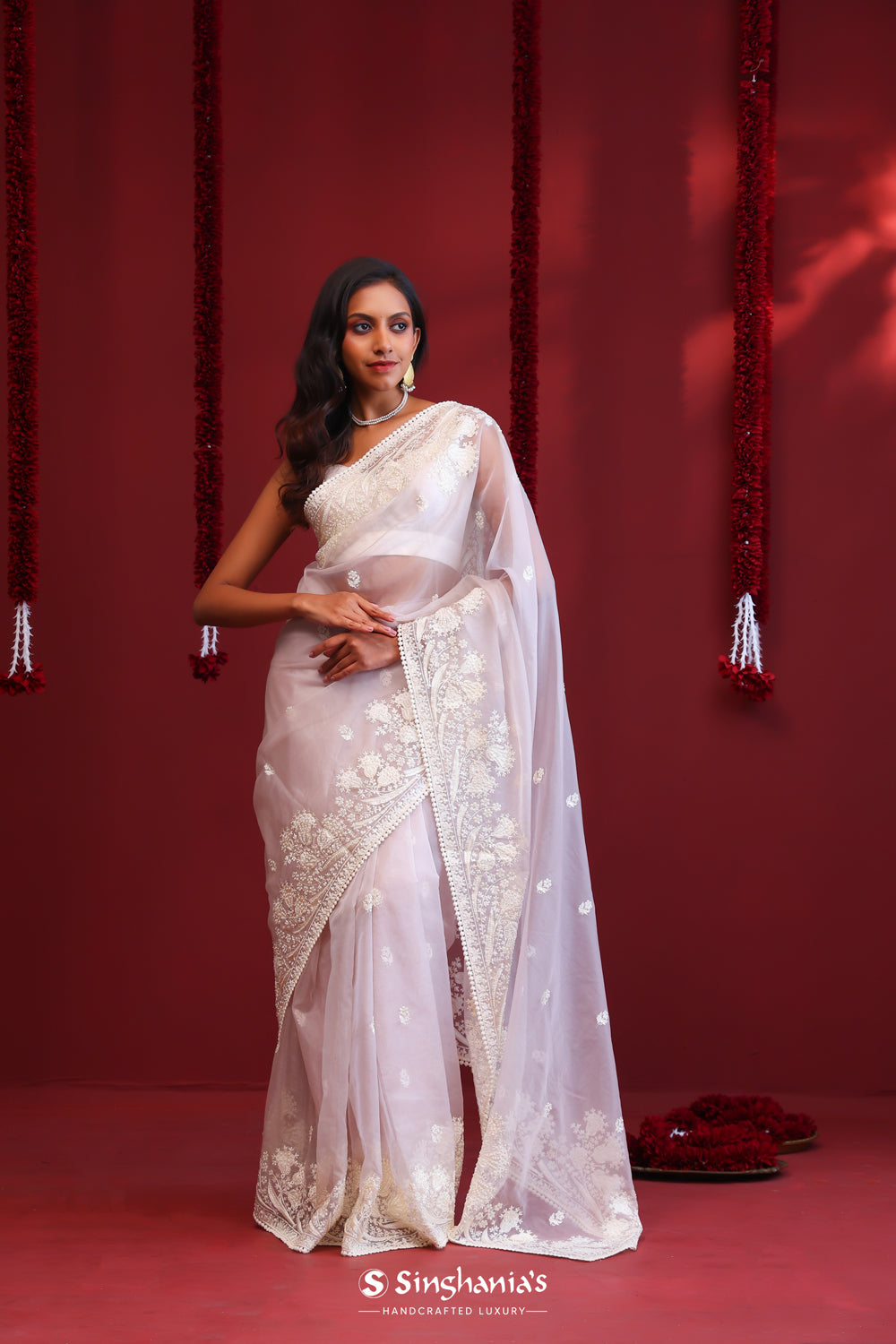 Rose White Handcrafted Organza Saree